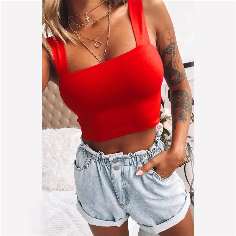 Women's Square Neck Polyester Blend Crop Tank Top with Wide Straps