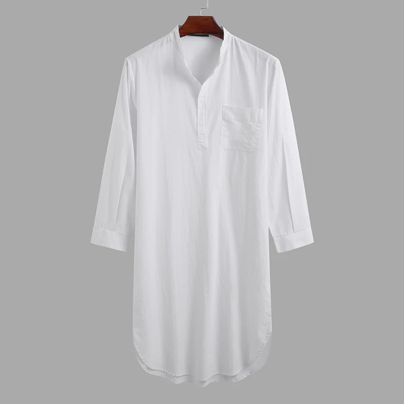 Men's Solid Stand Collar Long Sleeve Button Front Sleep Nightdress