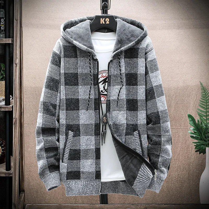 Men's Checked Hooded Zip Front Knit Cardigan