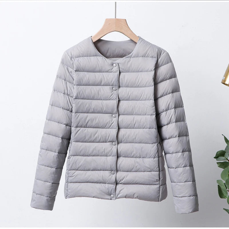 Women's Nylon-Polyester Duck-Down Quilted Long-Sleeve Button-Front Jacket for Casual Everyday Layered Outfits