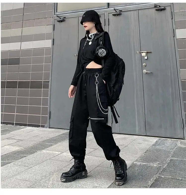 Women's Black Cargo Joggers with Chain and Strap Style Details