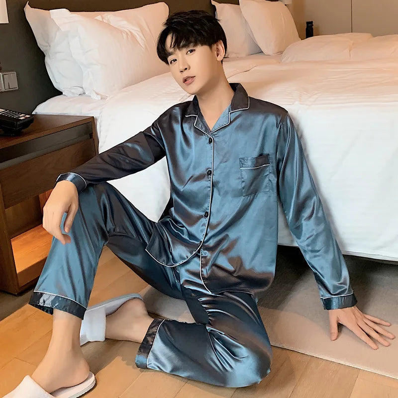 Men's Satin Look Button Front Shirt and Pants Pajama Set