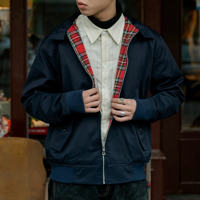 Men jacket autumn thin EU size vintage classic bomber coat inner plaid jacket