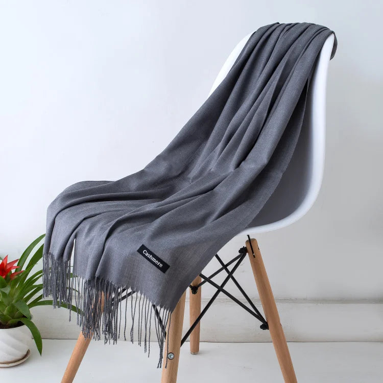 Solid Long Scarf with Decorative Fringed End Trim