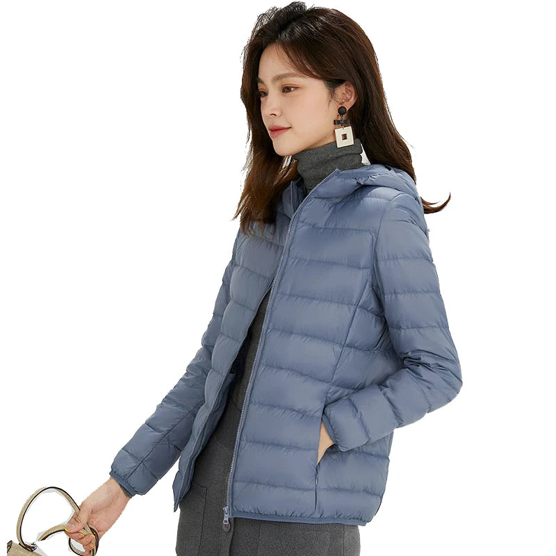 Women's Nylon Hooded Zip-Front Duck-Down Puffer Jacket for Casual Winter Layered Outfits