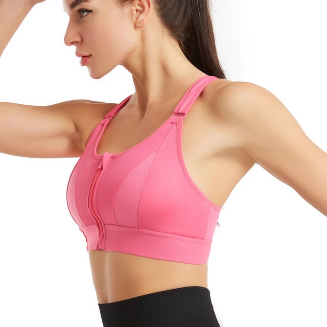 Women's Front Zip Cross Back Sports Bra