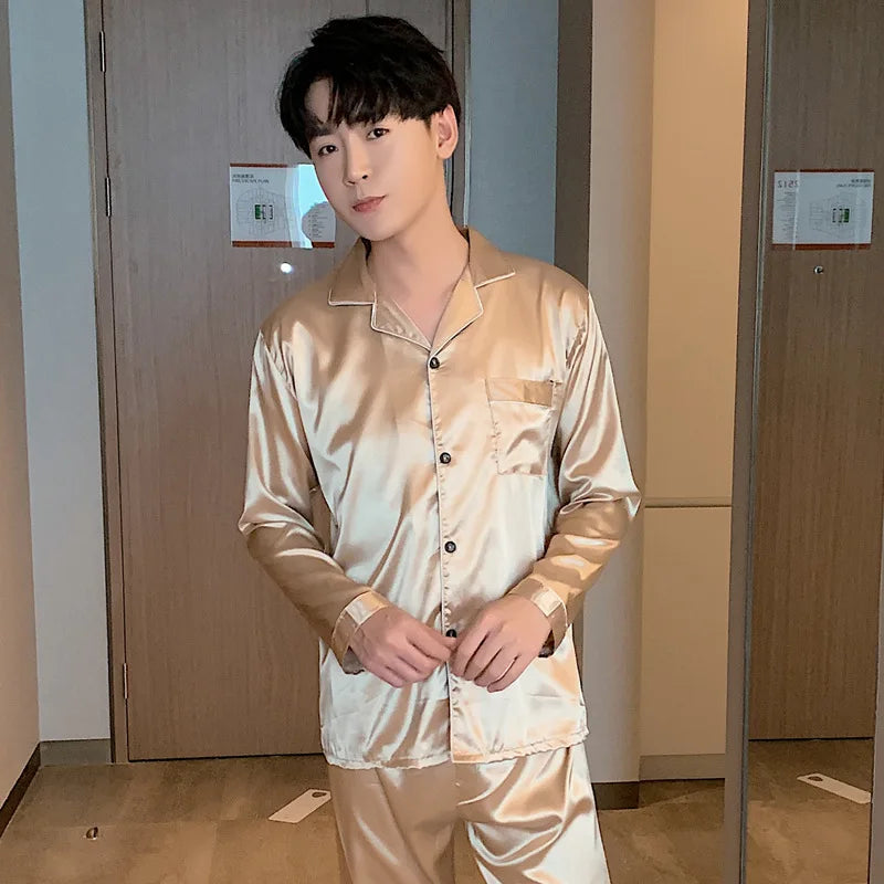 Men's Satin Look Button Front Shirt and Pants Pajama Set