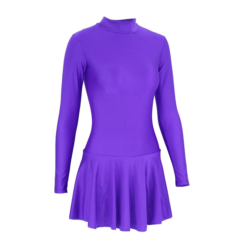 Women's Long Sleeve Skirted Ballet Leotard with Round Neck and Back Zipper