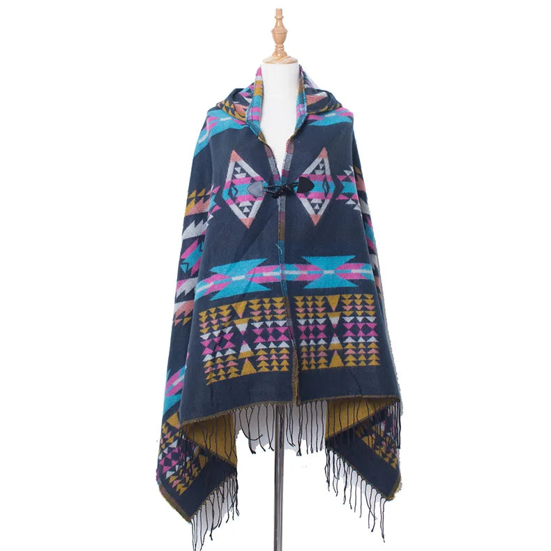 Hooded Geometric Fringe Poncho for Layering over Outfits
