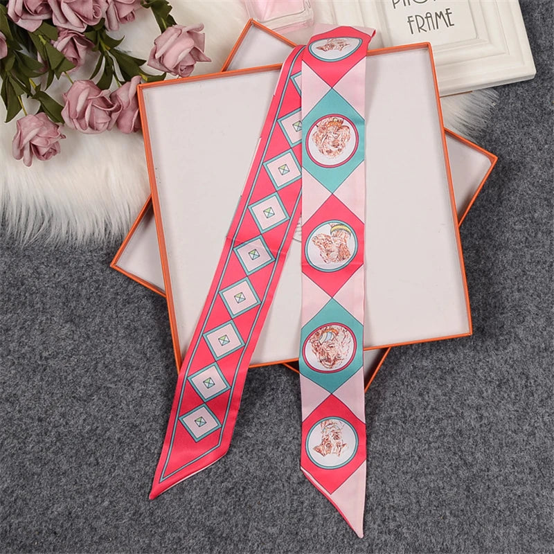 Horse Motif Skinny Ribbon Scarf with Printed Designs