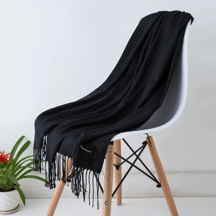Solid Long Scarf with Decorative Fringed End Trim