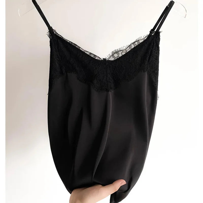 Women's Lace Trim Satin Polyester Camisole with Thin Straps and V Neck