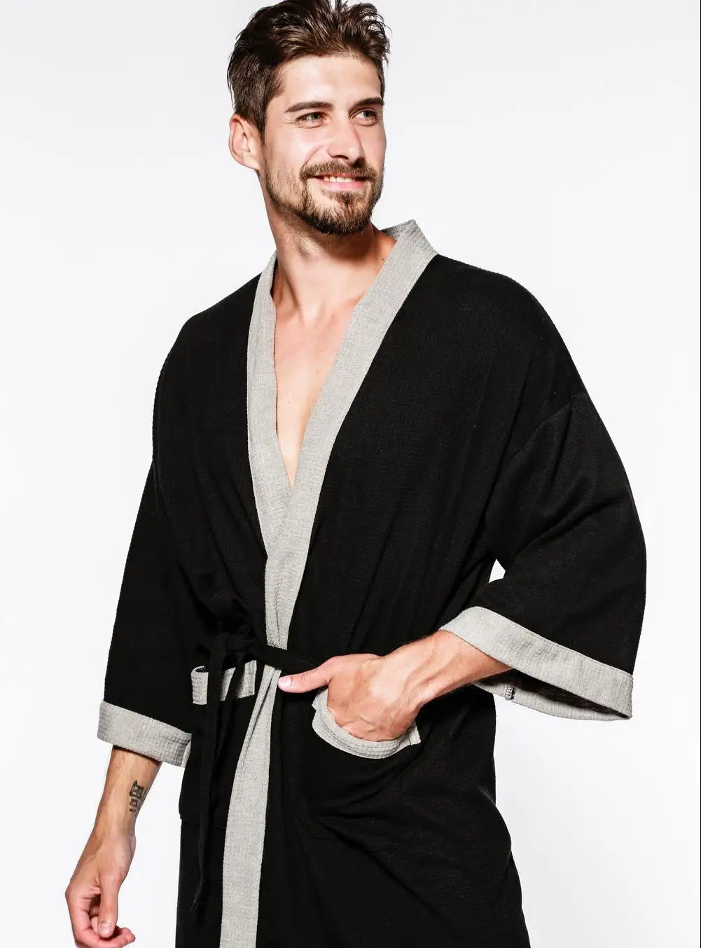 Waffle V Neck Contrast Trim Tie Waist Bathrobe with Pockets