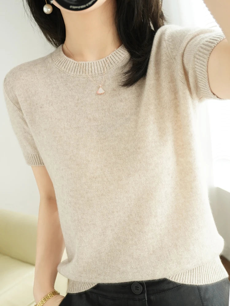 Women's Crew Neck Short Sleeve Sweater Casual Knit Layer