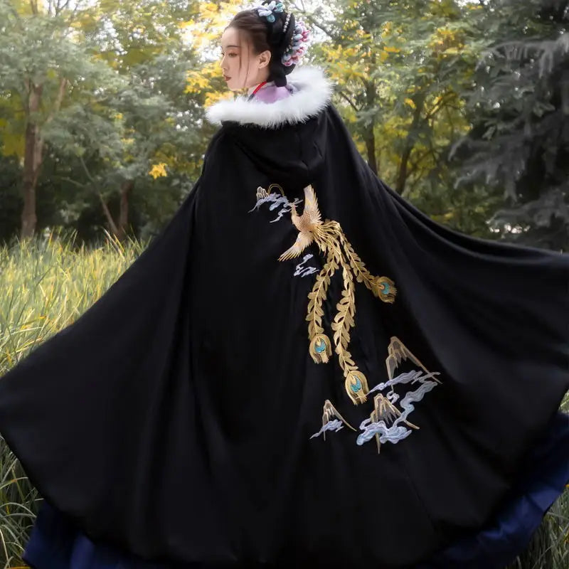 Embroidered Hooded Trim Cape for Layering over Outfits