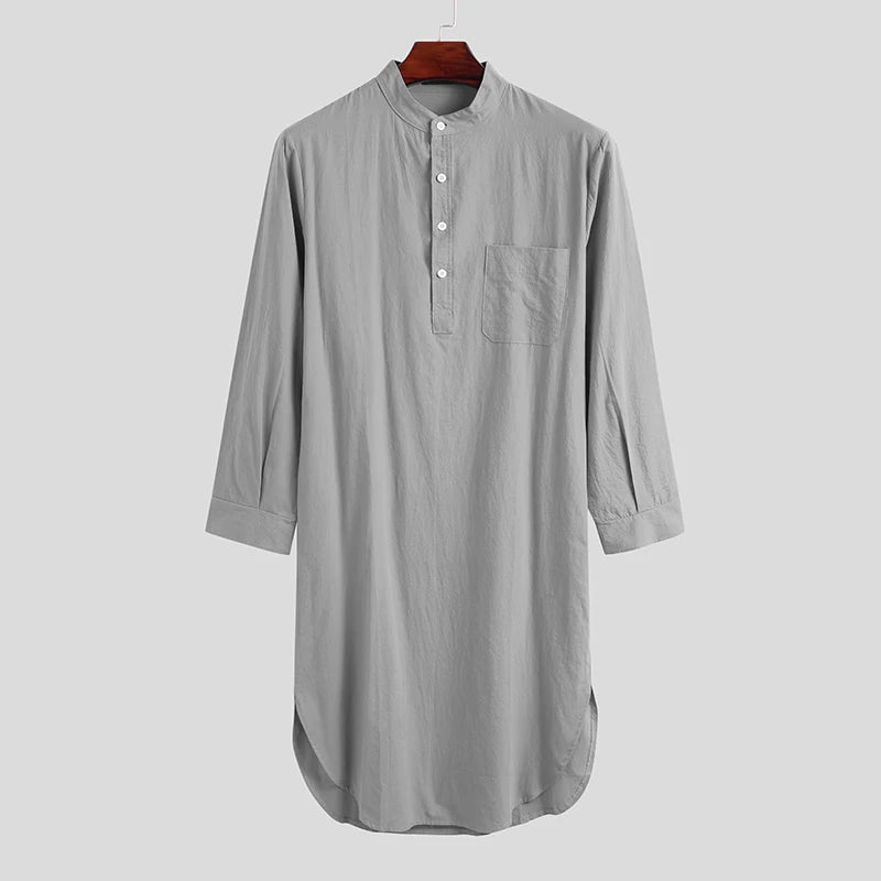 Men's Solid Stand Collar Long Sleeve Button Front Sleep Nightdress