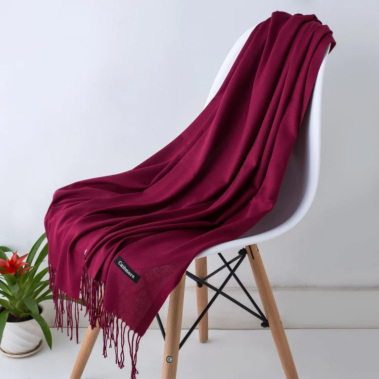 Solid Long Scarf with Decorative Fringed End Trim