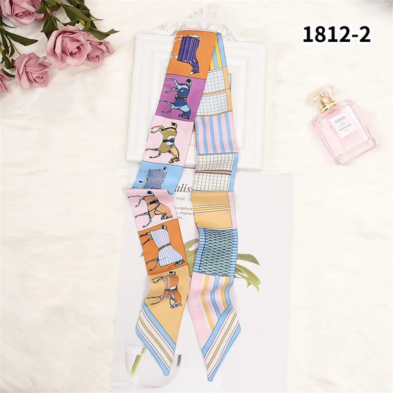 Horse Motif Skinny Ribbon Scarf with Printed Designs