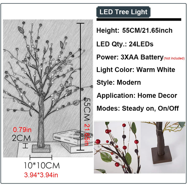 Battery Bedside Lamp Garland Light Tabletop Bonsai Tree Light Holiday Decoration Branches Night Light Red Beads Christmas Lights