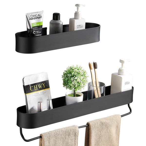 Bathroom Shelf Rack Wall Mounted Shelves Bath Towel Holder Black Shower Storage Basket Kitchen Organizer Bathroom Accessories