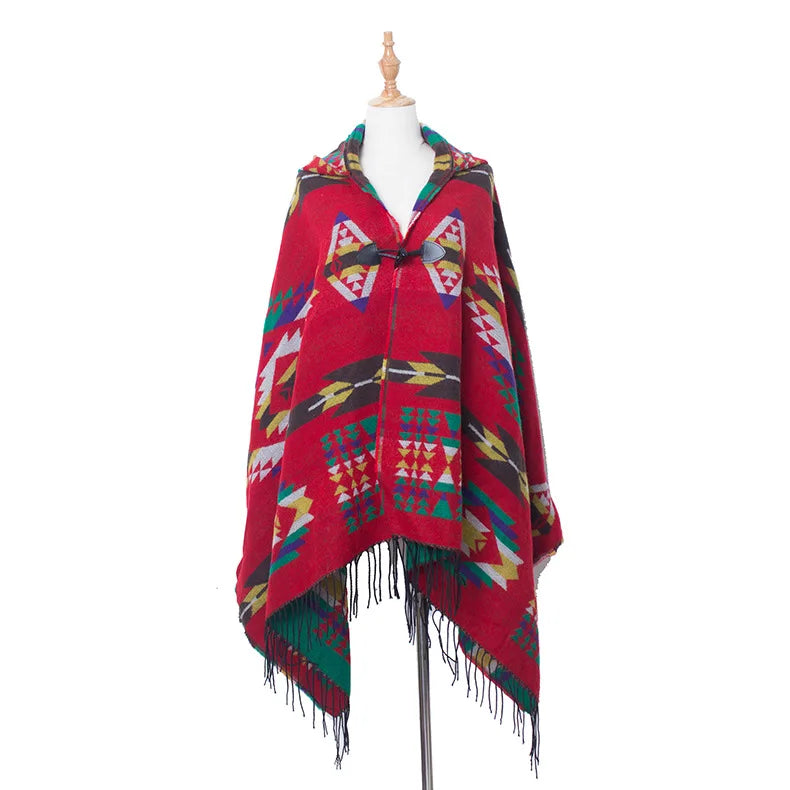 Hooded Geometric Fringe Poncho for Layering over Outfits