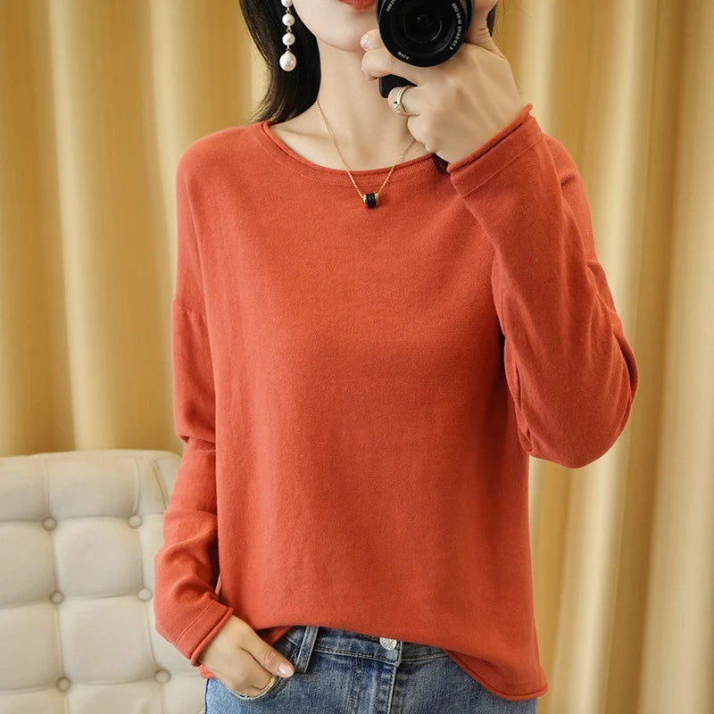 Women's Cotton Long-Sleeve Round-Neck Pullover Sweater with Medium Stretch for Casual Outfits