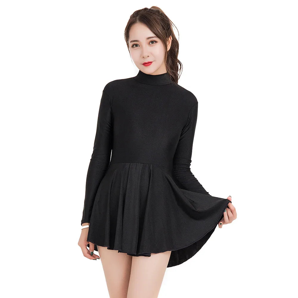 Women's Long Sleeve Skirted Ballet Leotard with Round Neck and Back Zipper