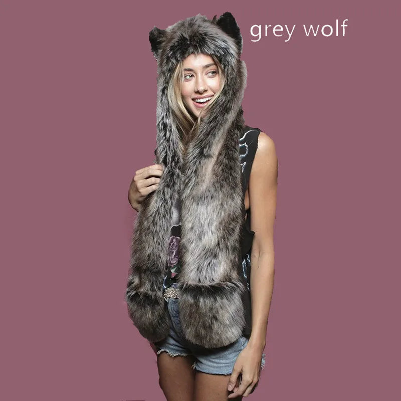 Women's Animal Hooded Plush Hat Scarf and Gloves Integrated Winter Set
