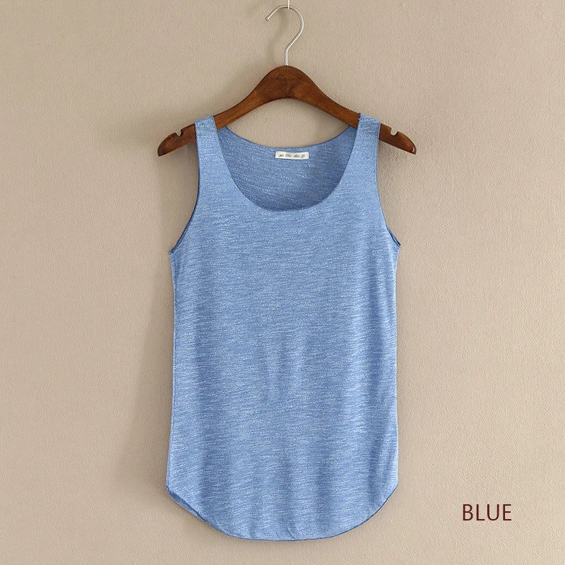 Women's Round Neck Cotton Blend Long Tank Top with Curved Hem