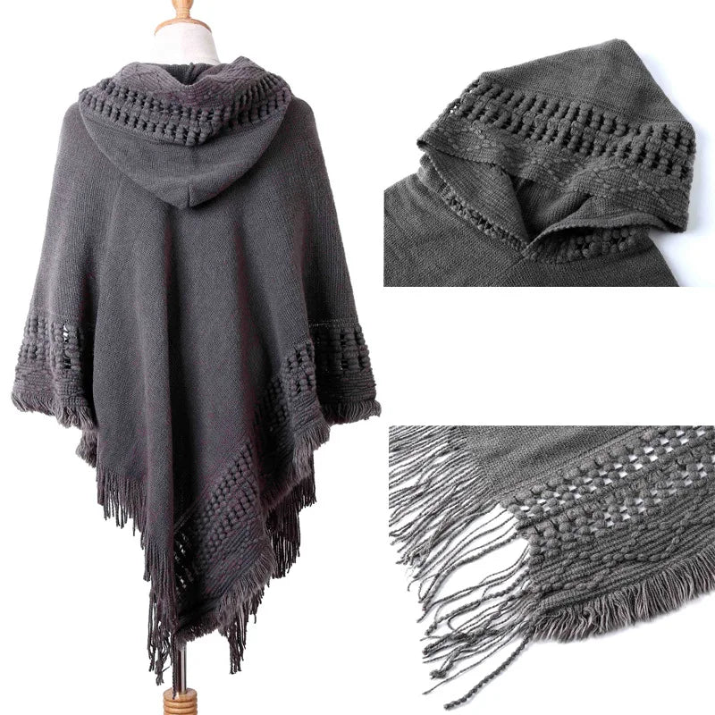 Hooded Knit Fringe Poncho for Layering over Outfits