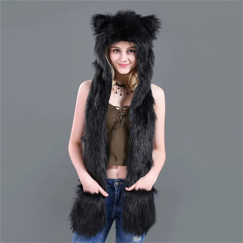 Women's Animal Hooded Plush Hat Scarf and Gloves Integrated Winter Set