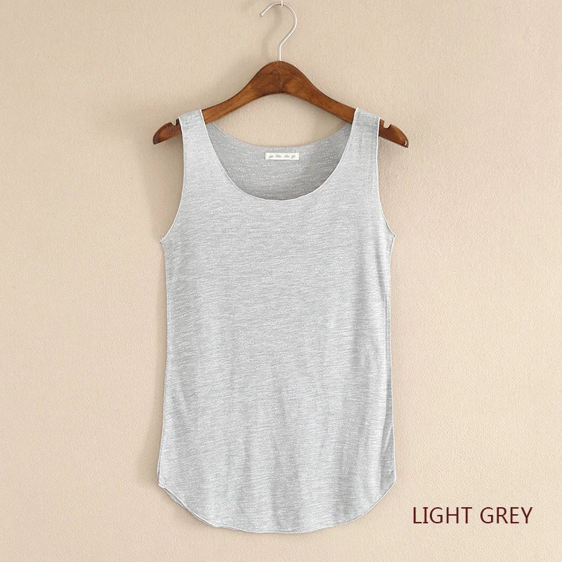 Women's Round Neck Cotton Blend Long Tank Top with Curved Hem