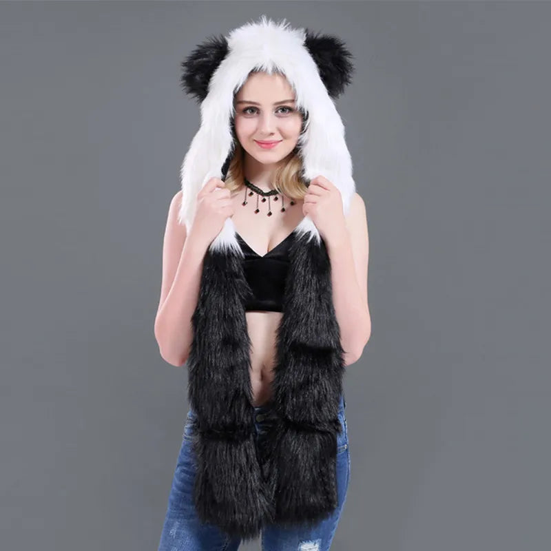 Women's Animal Hooded Plush Hat Scarf and Gloves Integrated Winter Set