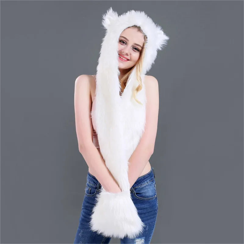 Women's Animal Hooded Plush Hat Scarf and Gloves Integrated Winter Set