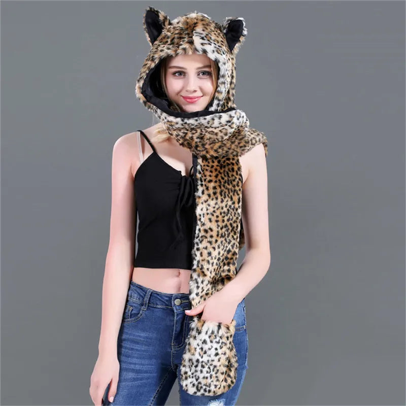 Women's Animal Hooded Plush Hat Scarf and Gloves Integrated Winter Set