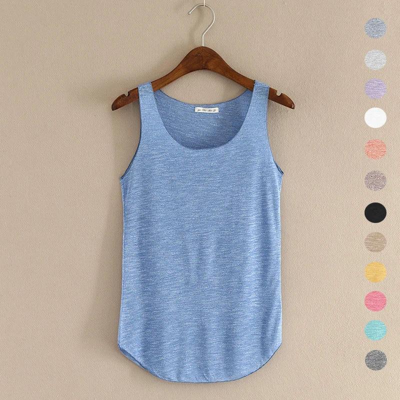 Women's Round Neck Cotton Blend Long Tank Top with Curved Hem