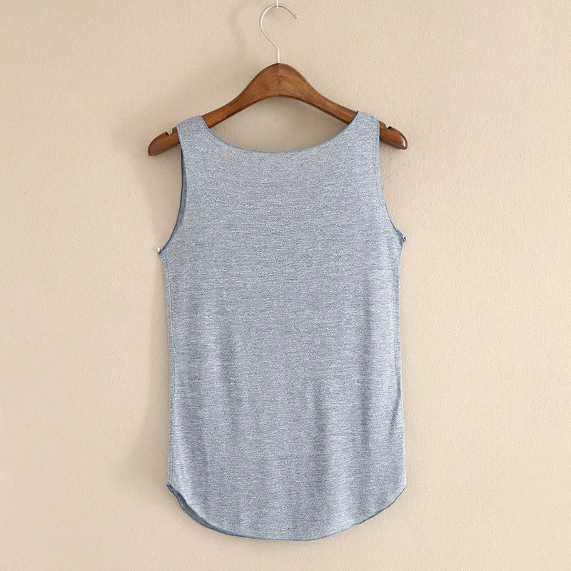 Women's Round Neck Cotton Blend Long Tank Top with Curved Hem