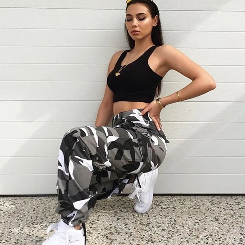 Women's Camouflage Cargo Joggers with Side Pockets and Elastic Cuffs