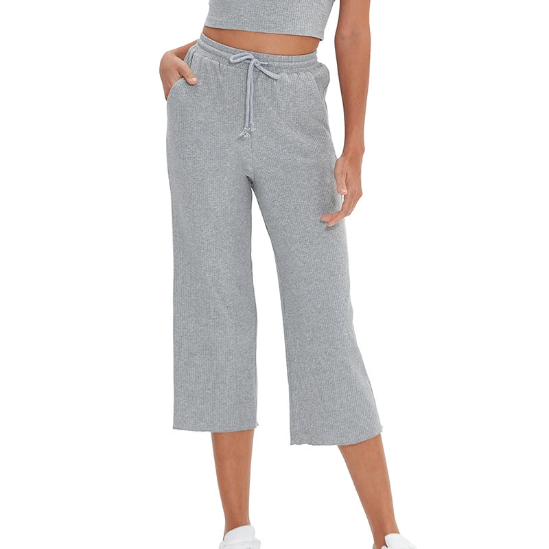 Women's 94% Cotton Loose High-Waist Wide-Leg Pants with Side Pockets and Drawstring