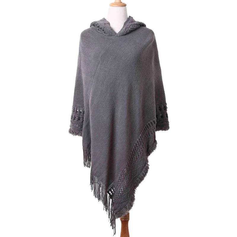 Hooded Knit Fringe Poncho for Layering over Outfits
