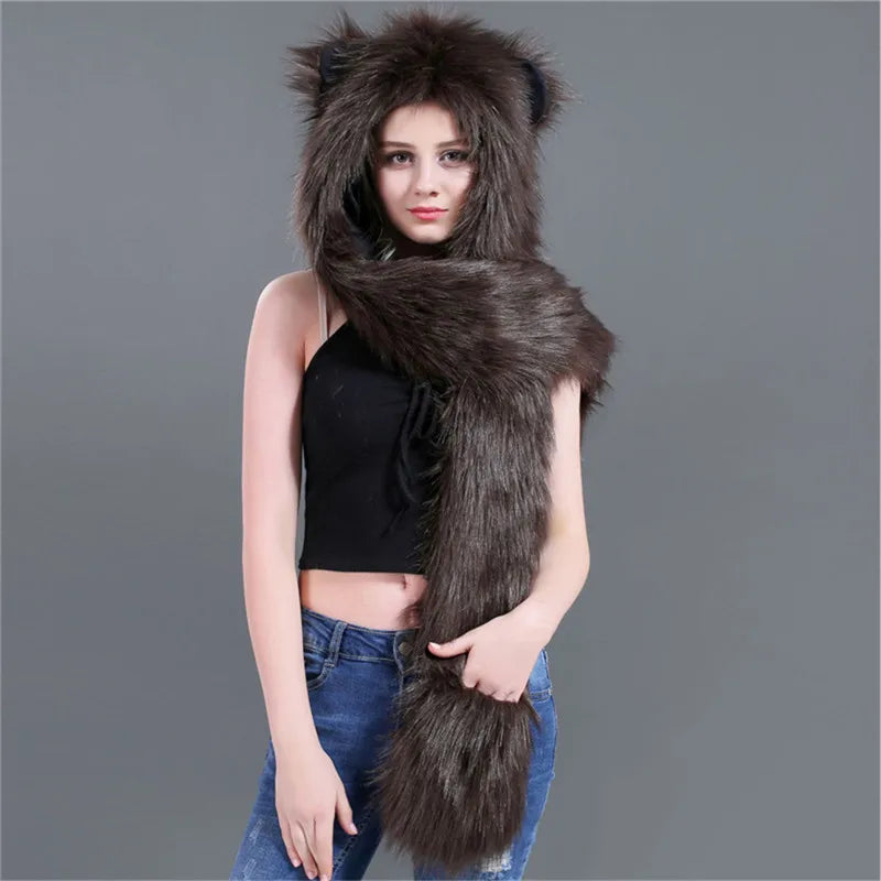Women's Animal Hooded Plush Hat Scarf and Gloves Integrated Winter Set