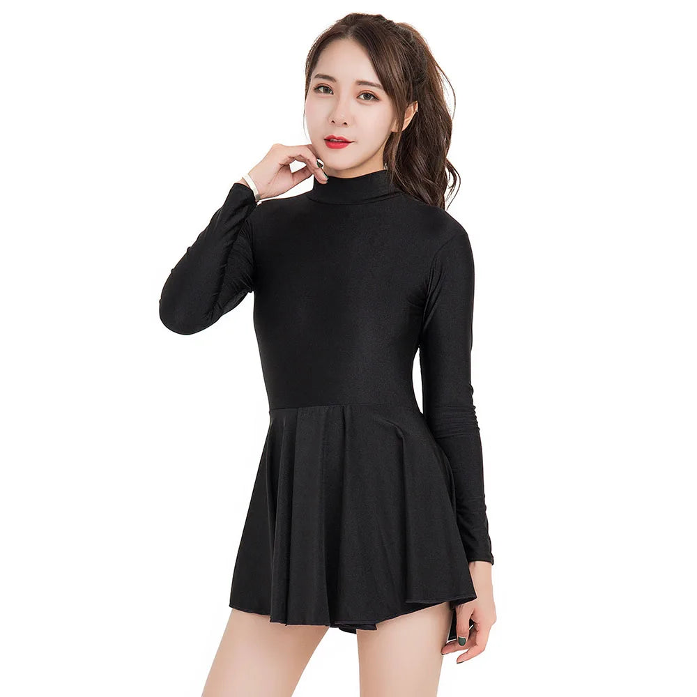 Women's Long Sleeve Skirted Ballet Leotard with Round Neck and Back Zipper