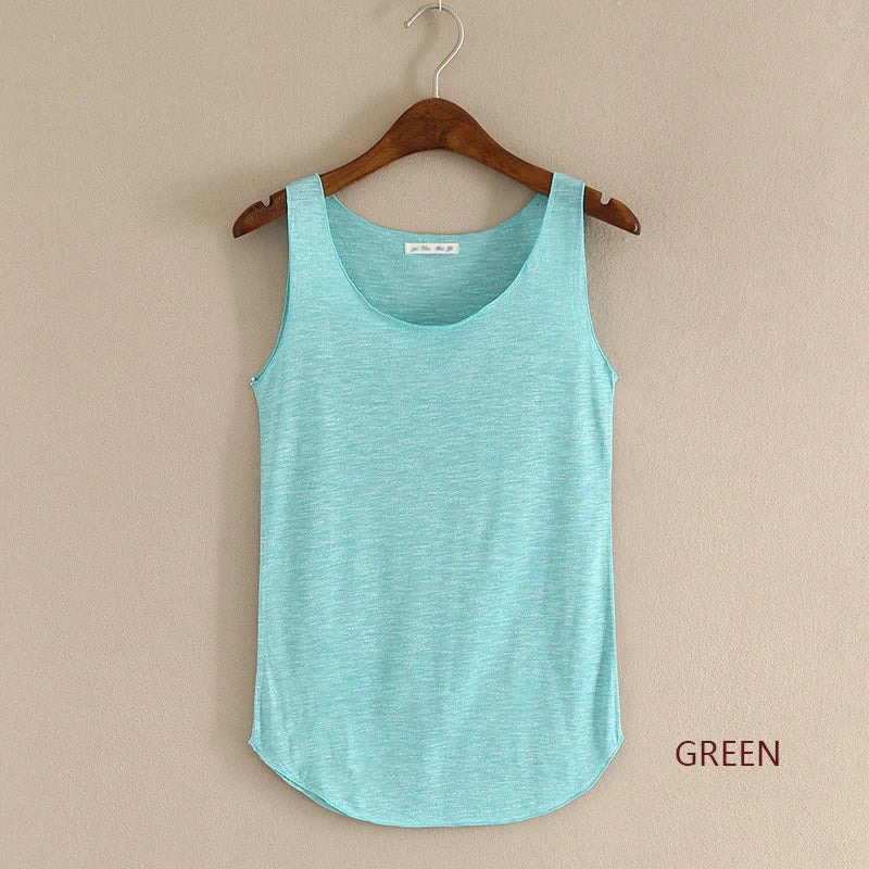 Women's Round Neck Cotton Blend Long Tank Top with Curved Hem