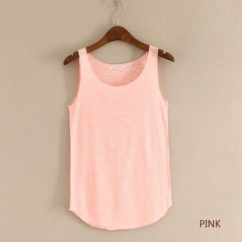 Women's Round Neck Cotton Blend Long Tank Top with Curved Hem