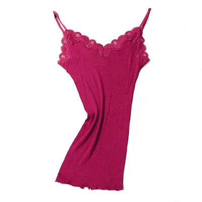Women's Lace Trim Silk Cotton Blend Camisole with Adjustable Thin Straps