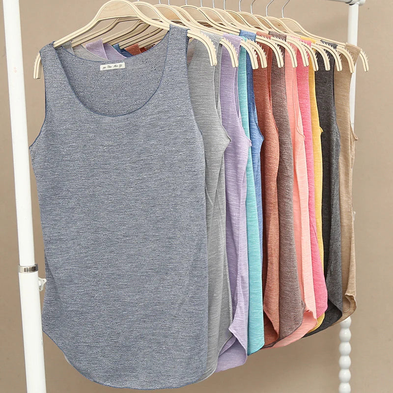 Women's Round Neck Cotton Blend Long Tank Top with Curved Hem
