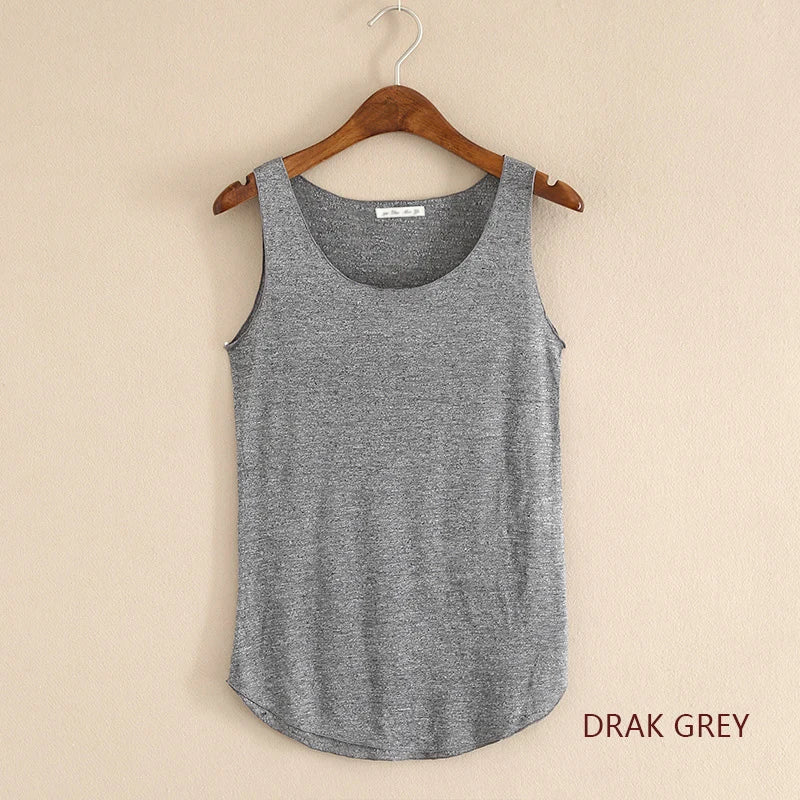 Women's Round Neck Cotton Blend Long Tank Top with Curved Hem
