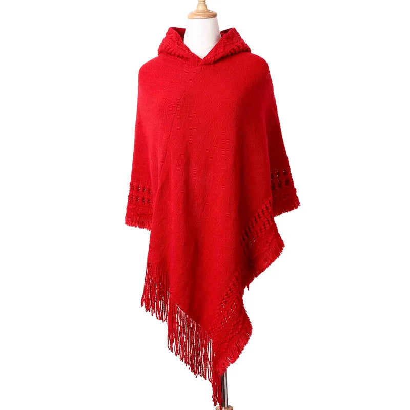 Hooded Knit Fringe Poncho for Layering over Outfits