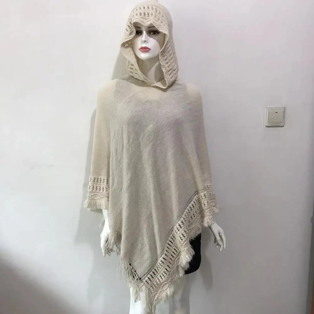 Hooded Knit Fringe Poncho for Layering over Outfits