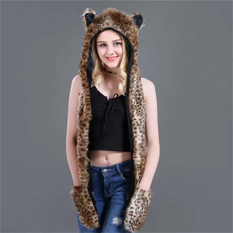 Women's Animal Hooded Plush Hat Scarf and Gloves Integrated Winter Set